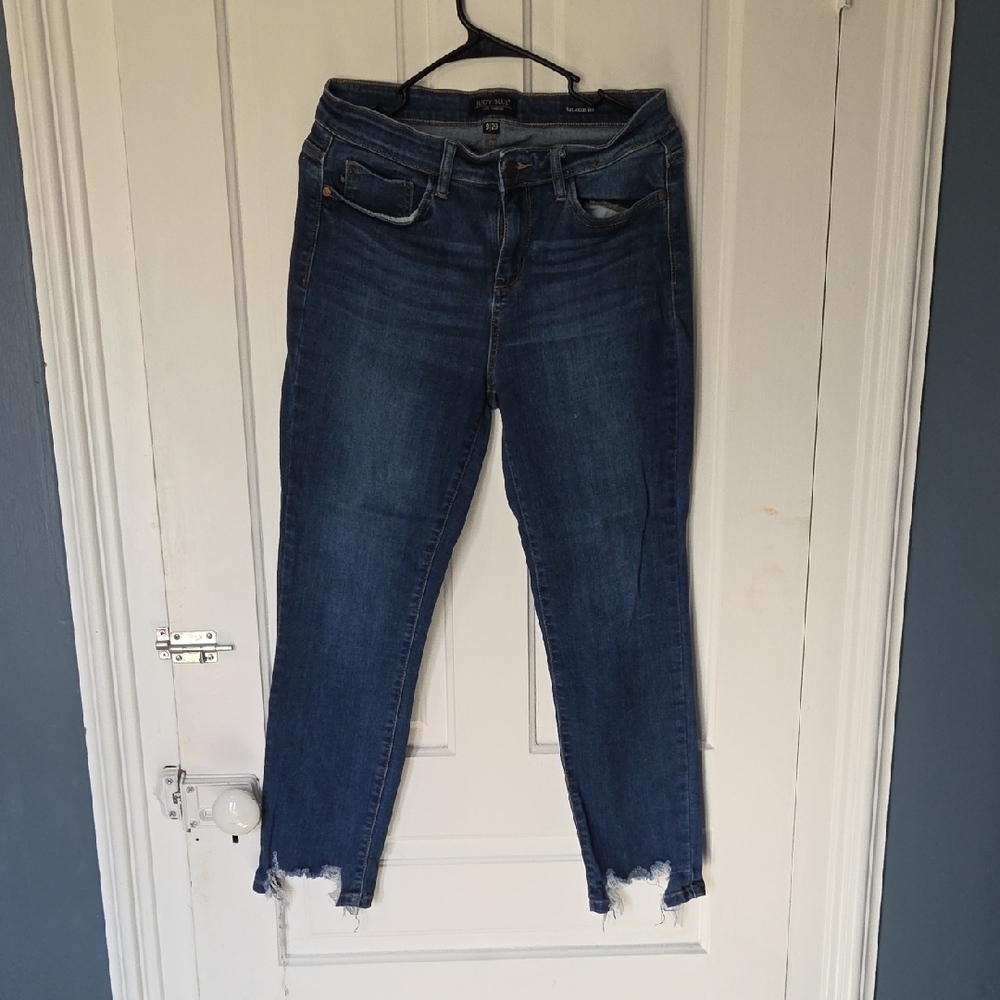 Judy Blue Distressed Hem Skinny Jeans - Dark Blue